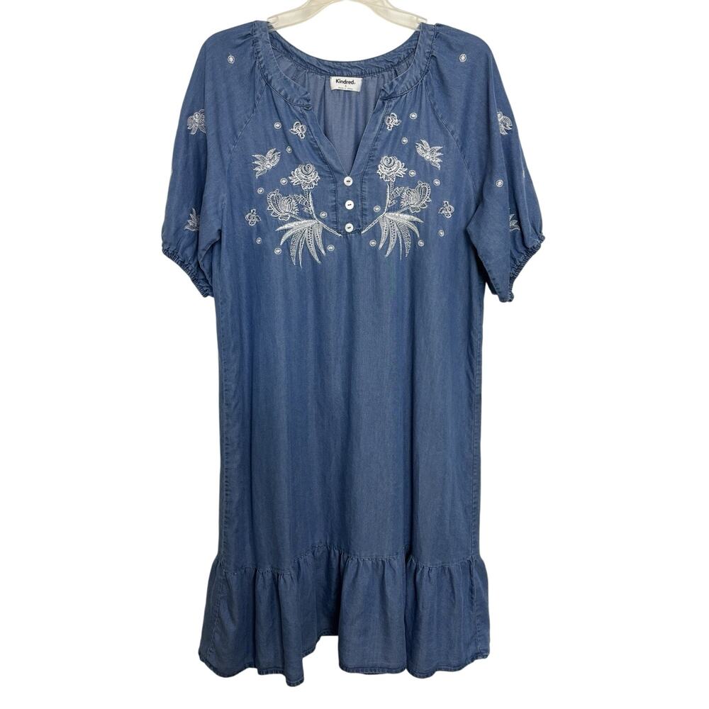 Anthropologie Kindred Chambray Embroidered Denim Mini Dress S Ruffle Hem Prairie